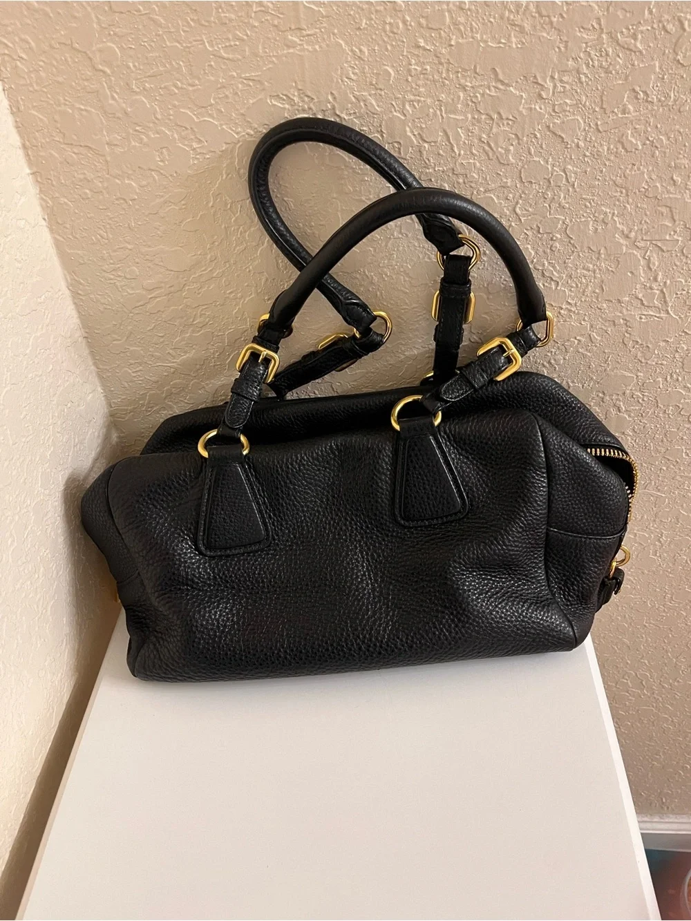 Prada Vintage Nero Pebble Leather Vitello Daino Bauletto Satchel, Gold Hardware